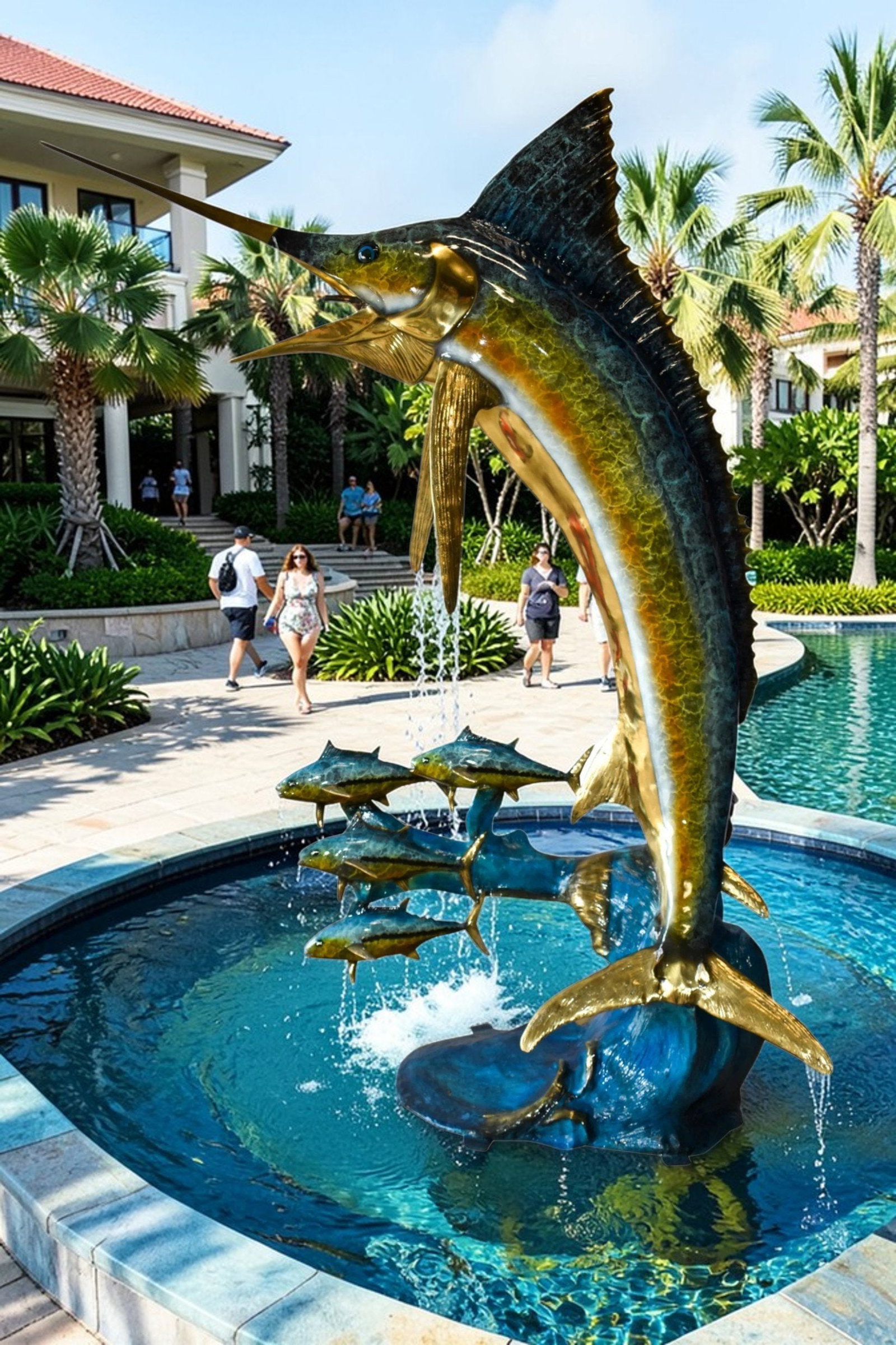 Giant Colored Marlin Fish W 4 Jack Fish Bronze Statue Fountain 85" x 30" x 90"H - 2