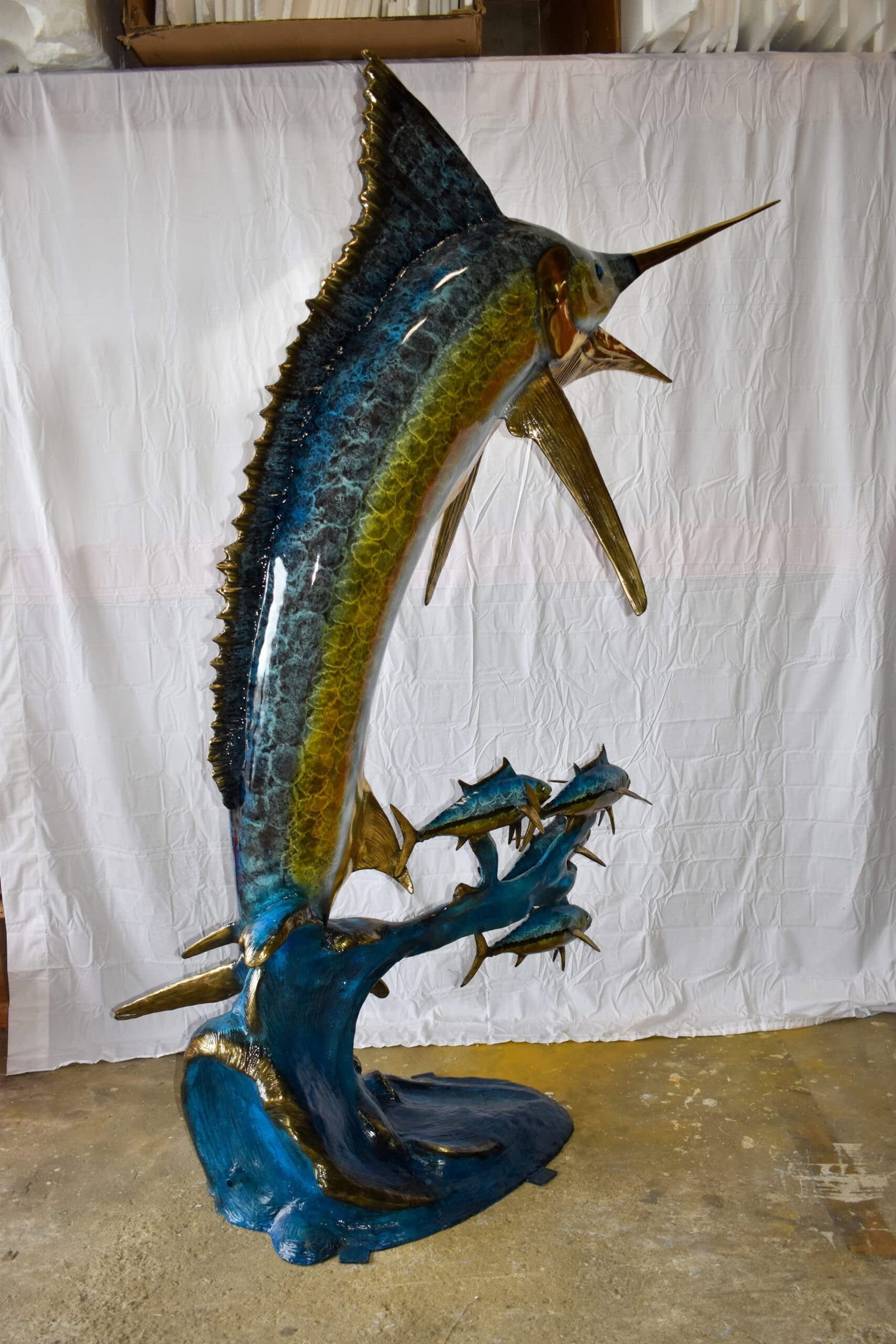 Giant Colored Marlin Fish W 4 Jack Fish Bronze Statue Fountain 85" x 30" x 90"H - 7