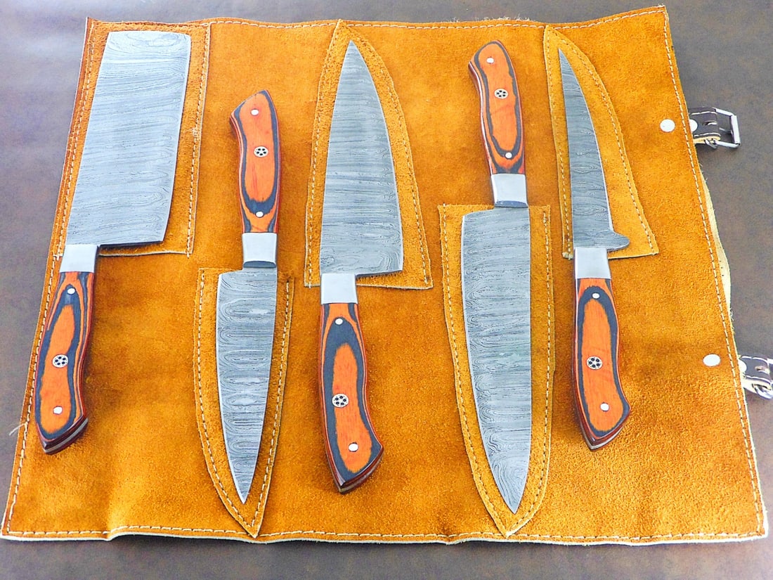 5Pc Professional Damascus Steel Kitchen Knife Set Hand Forged BBQ Cutlery Case - 7