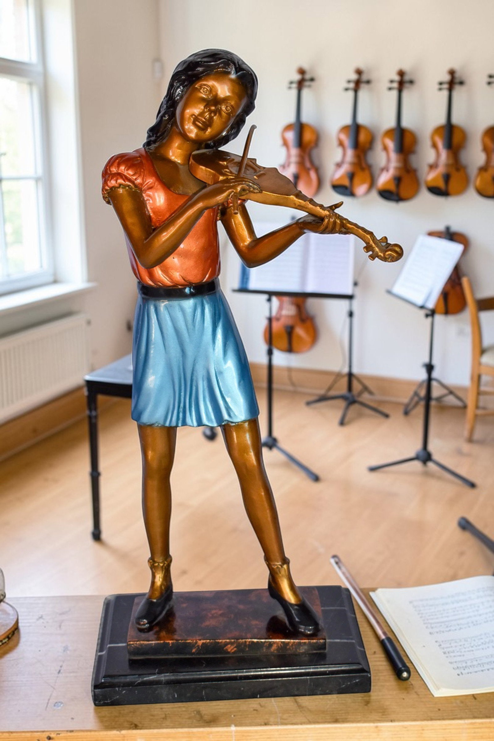 Young Girl Playing Violin Peacefully Bronze Statue Size: 10" x 5" x 21"H - 2