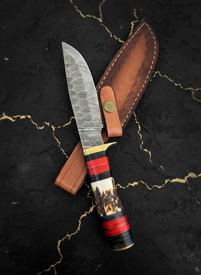 Hand-Forged Damascus Steel Hunting Knife Stag Antler Handle w/ Leather Case - 2