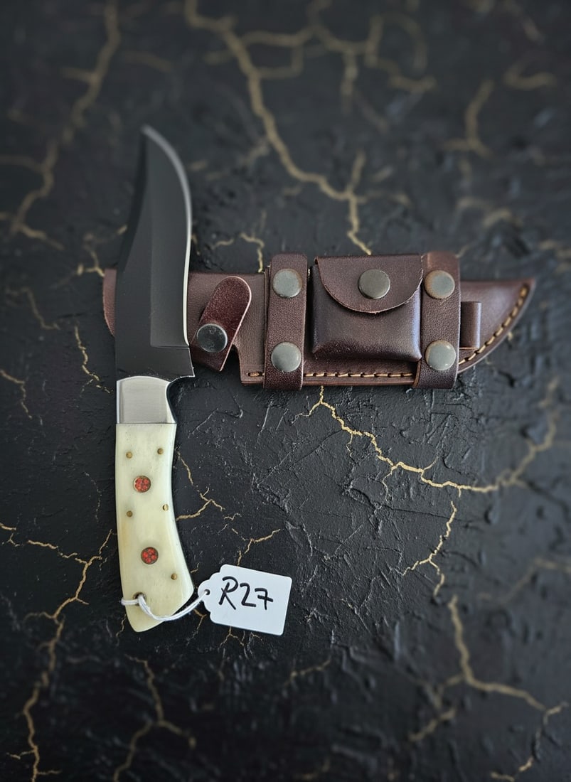 Handcrafted D2 Steel Hunting Knife Bone Handle Mosaic Pin Custom Sheath - 2