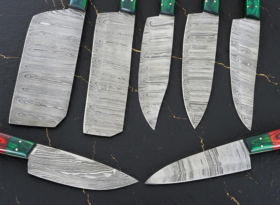 Hand Forged Damascus Steel Chef Knife Set 7-Piece with Pakkawood Handles and Sheath - 7