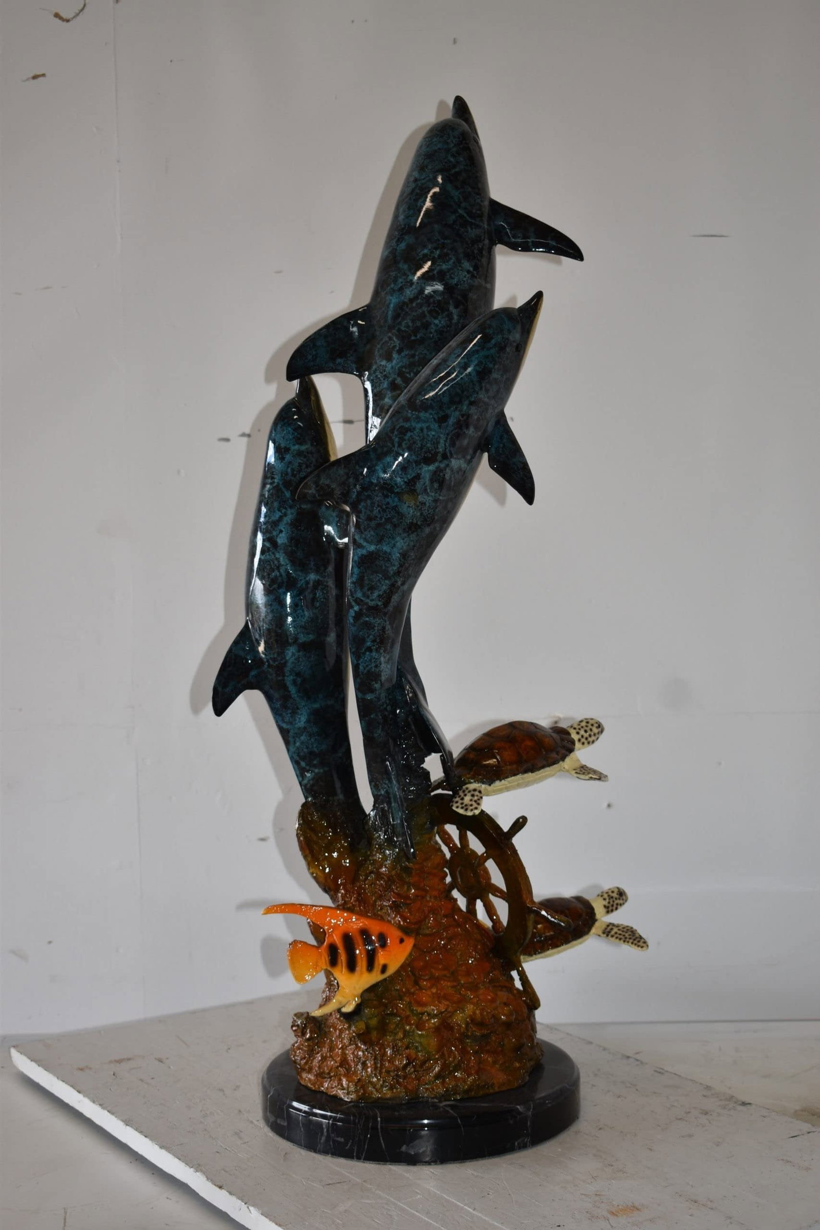 Three Dolphins Turtles and Boat Wheel Bronze Statue Size: 17" x 13" x 40"H - 7