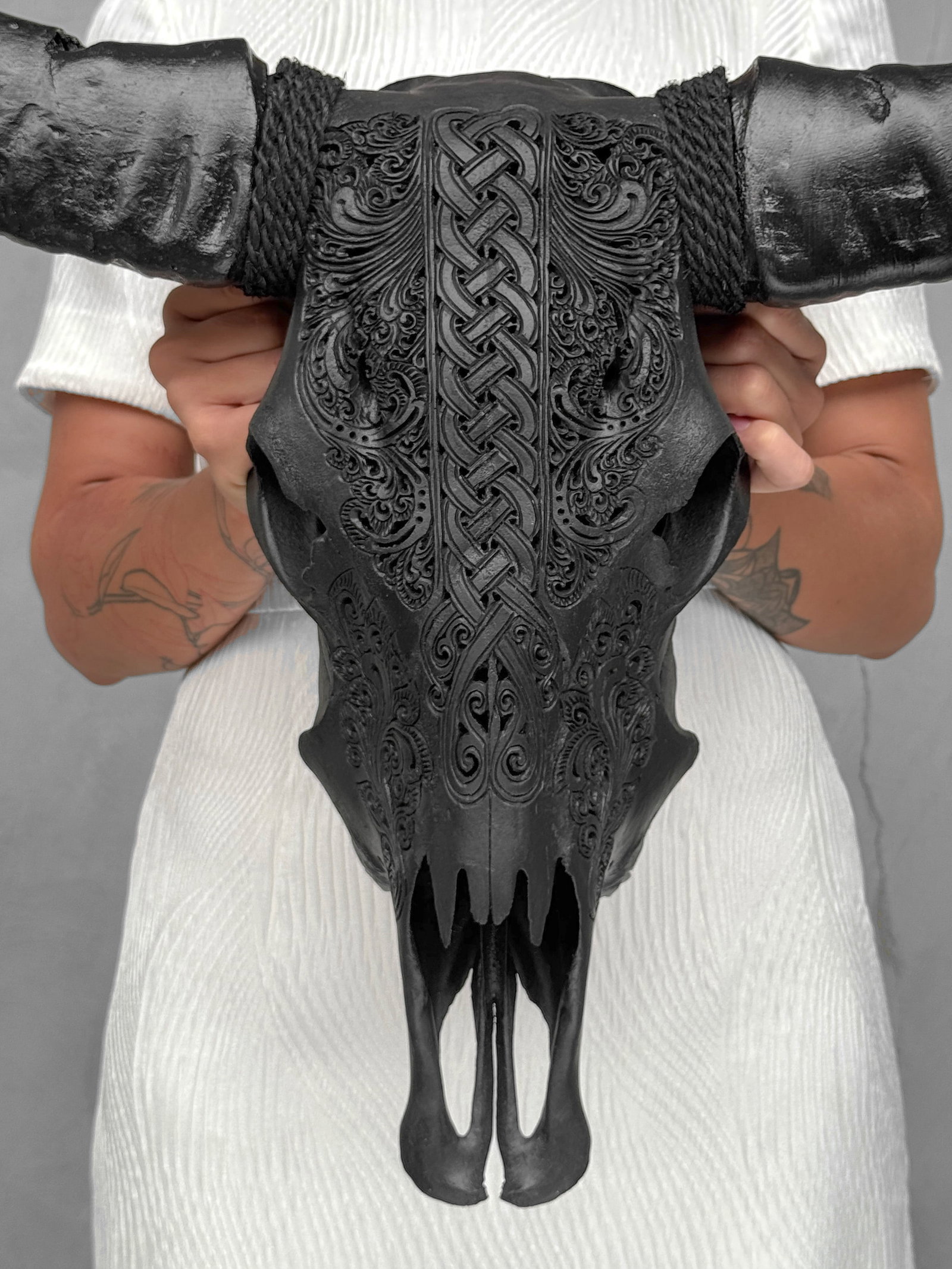 Black carved buffalo skull - Infinity motif - 2
