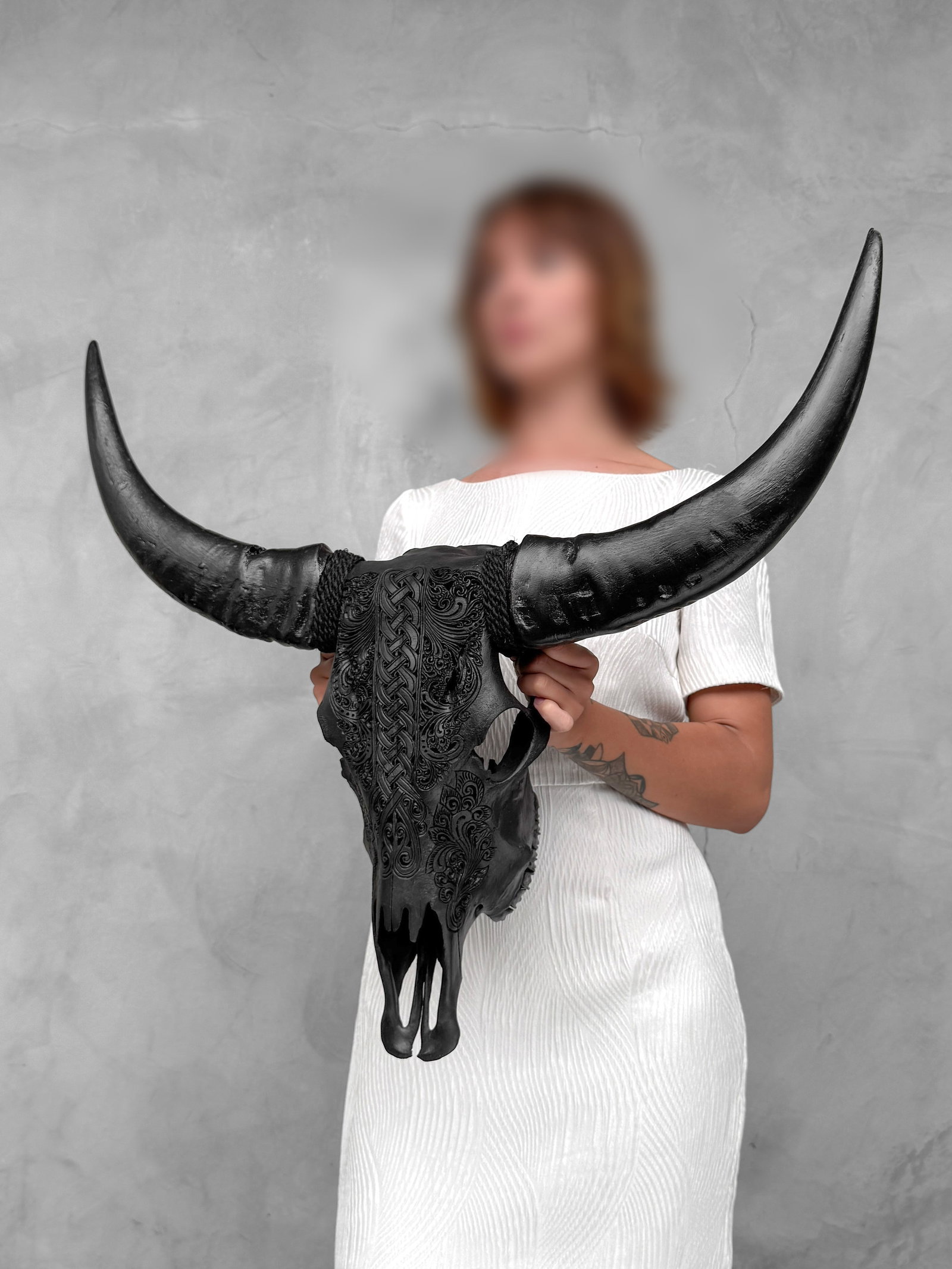 Black carved buffalo skull - Infinity motif - 3