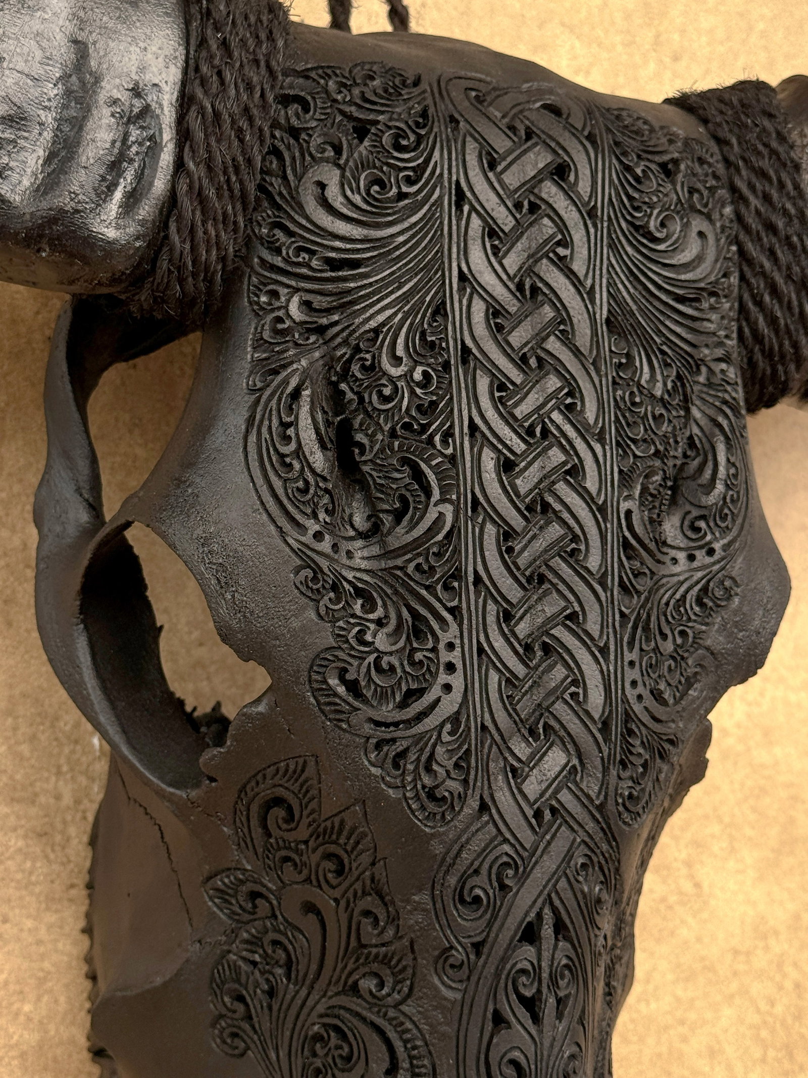 Black carved buffalo skull - Infinity motif - 7
