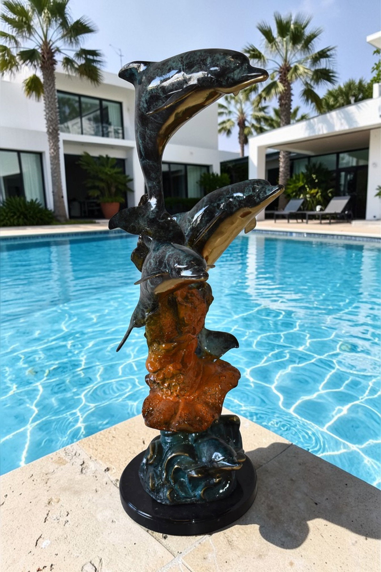 Three Large Dolphins on A Coral Bronze Statue Size: 20" x 18" x 41"H - 2