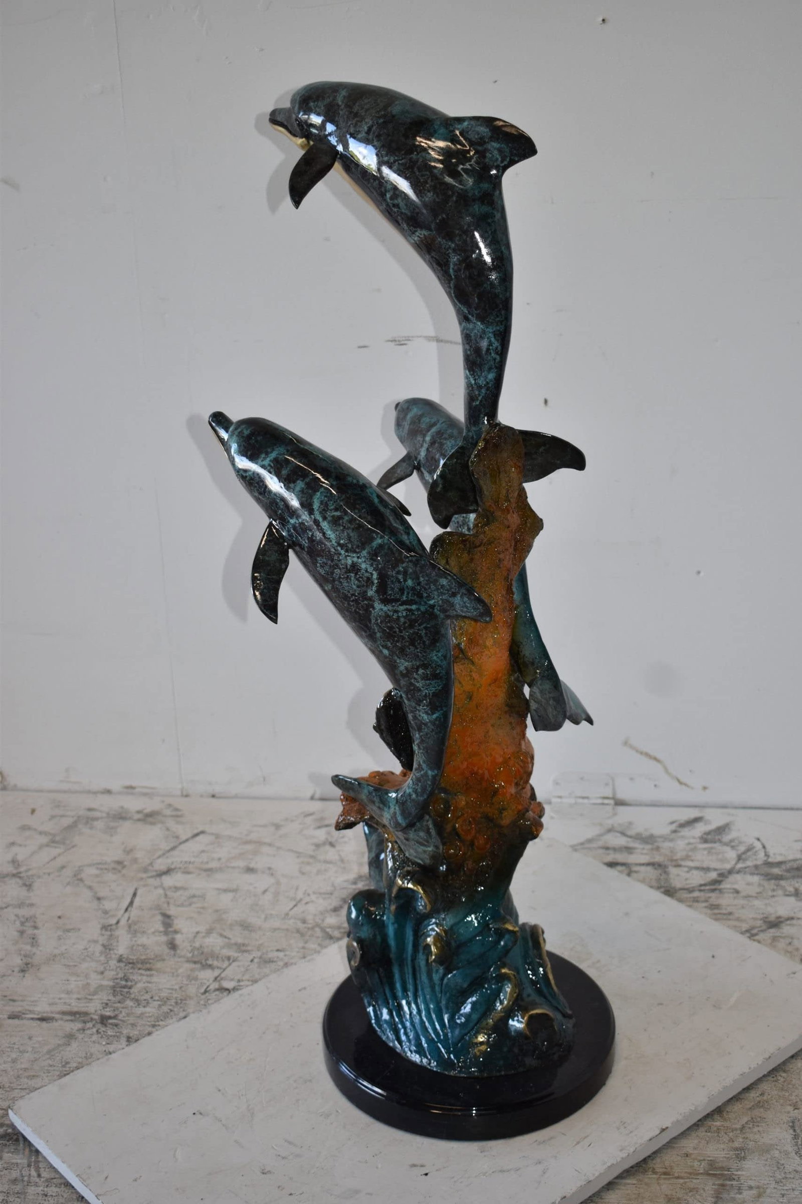 Three Large Dolphins on A Coral Bronze Statue Size: 20" x 18" x 41"H - 7