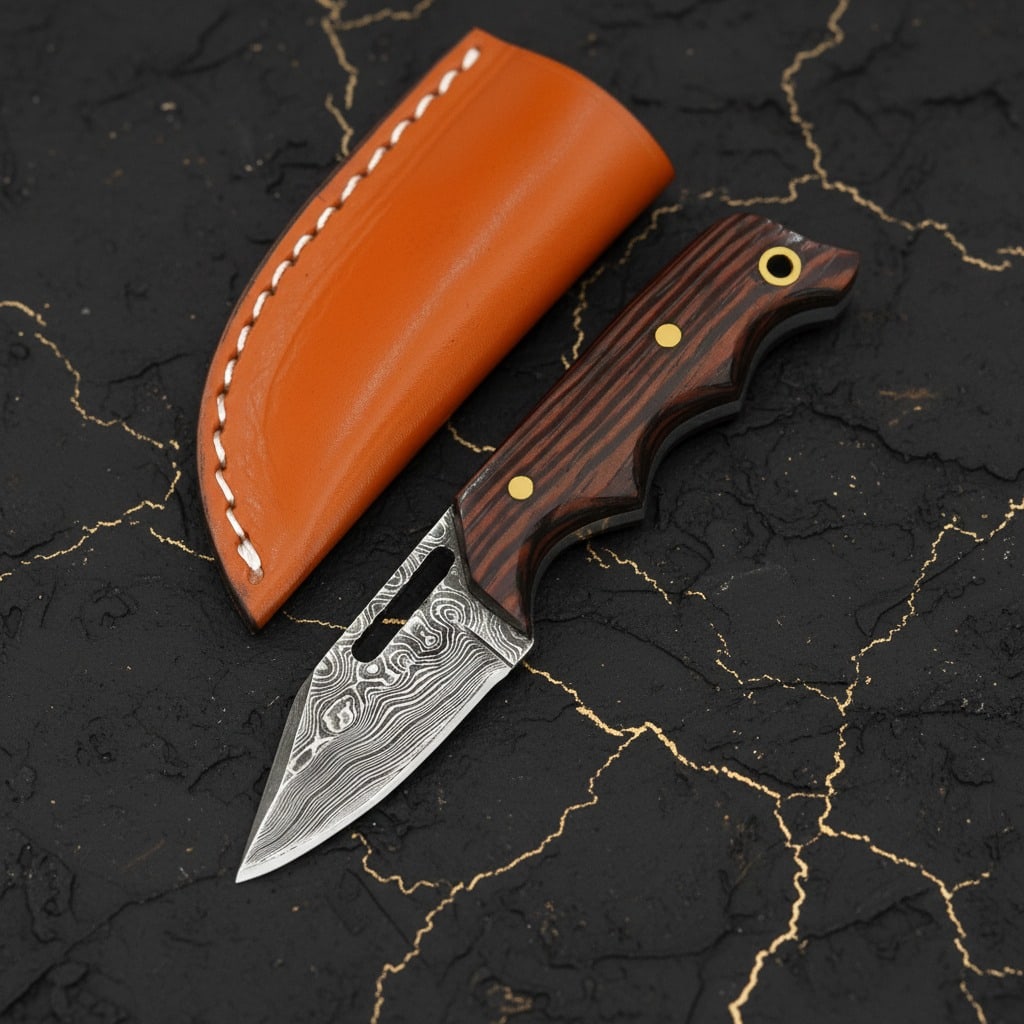 4.5" Damascus Steel EDC Neck Knife, Micarta Handle, Handmade Fixed Blade - 2