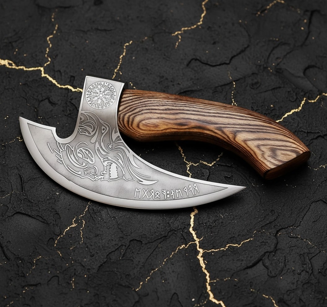 Hand Forged Steel Pizza Axe Ulu Knife Wooden Handle with Leather Sheath - 2