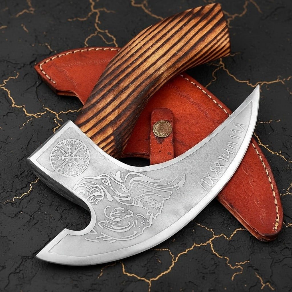 Hand Forged Steel Pizza Axe Ulu Knife Wooden Handle with Leather Sheath - 7