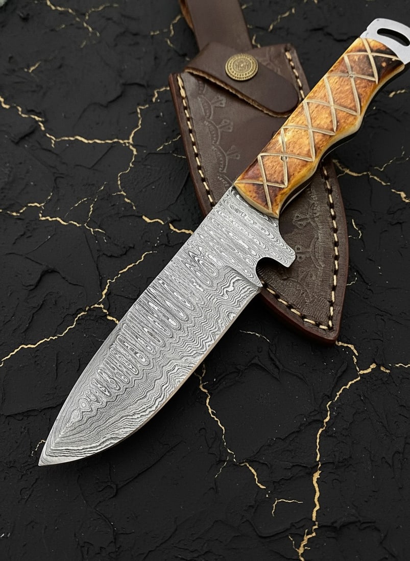 Handmade Damascus Steel Survival Hunting Knife with Leather Sheath Case - 3
