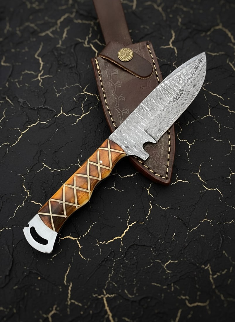 Handmade Damascus Steel Survival Hunting Knife with Leather Sheath Case - 4