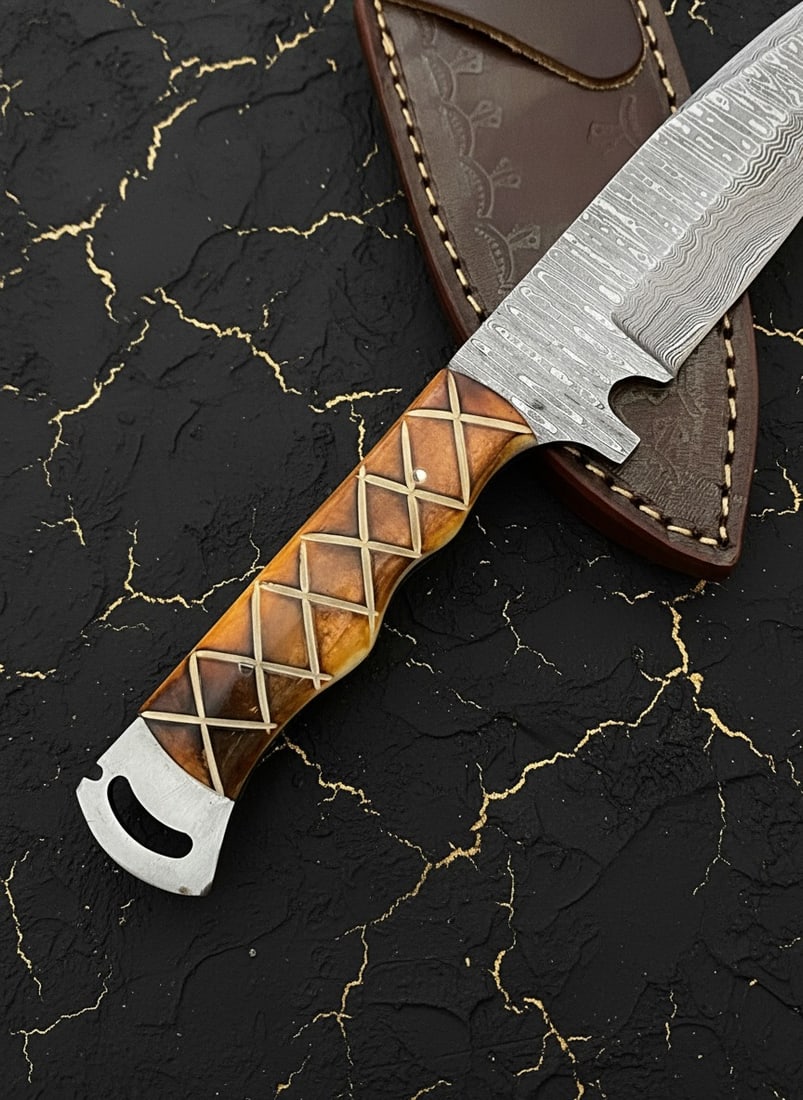 Handmade Damascus Steel Survival Hunting Knife with Leather Sheath Case - 5