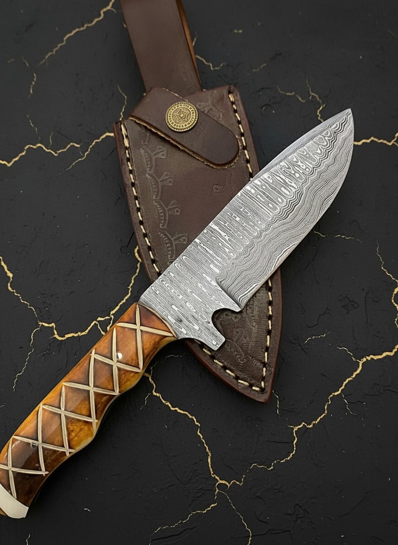Handmade Damascus Steel Survival Hunting Knife with Leather Sheath Case - 6