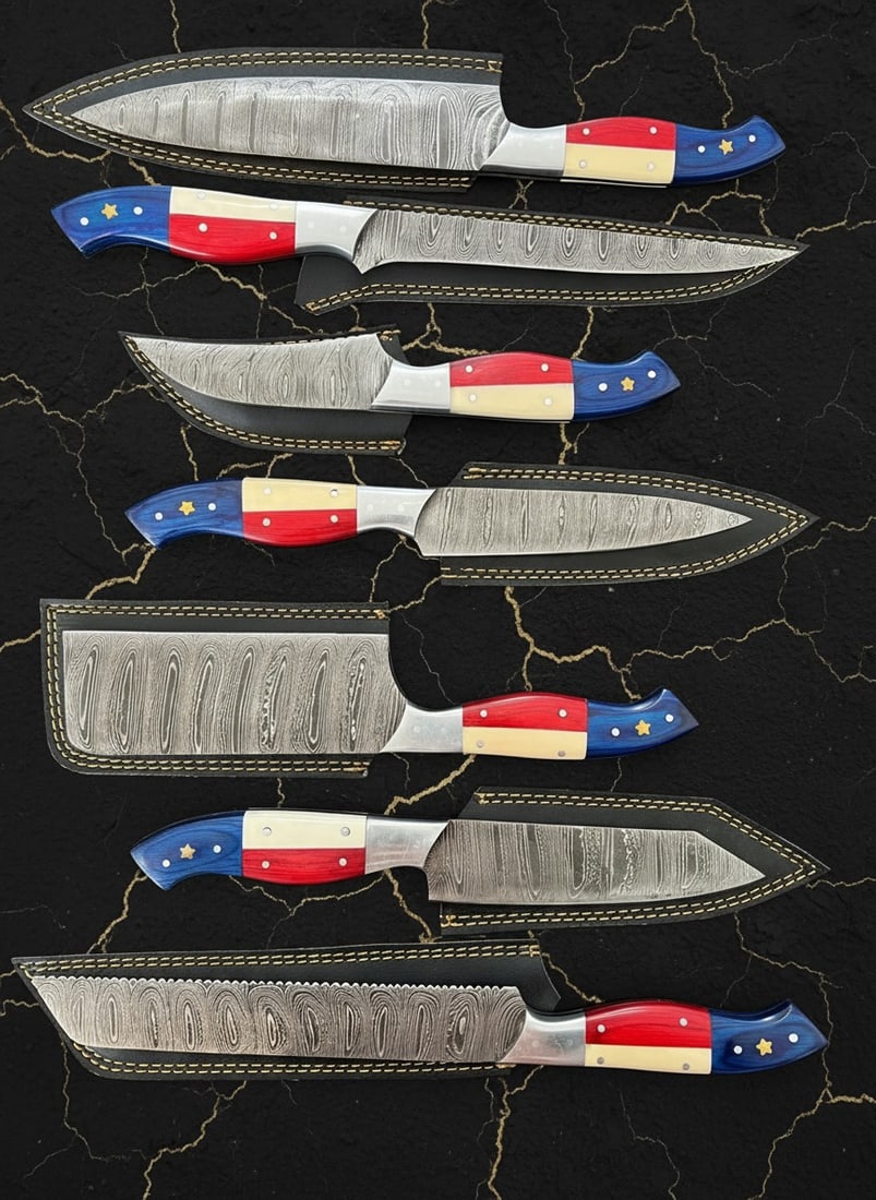 7Pc Damascus Steel Kitchen Knife Set Texas Flag Handle w/ Leather Roll Bag - 2