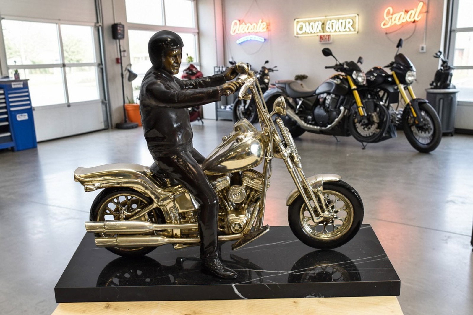 Harley Davidson Rider on his Bike Replica Bronze Statue 20" x 9" x 13"H - 2