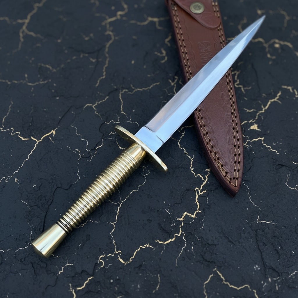 WW2 Era Double-Edged V42 Military Combat Dagger With Leather Sheath - 2