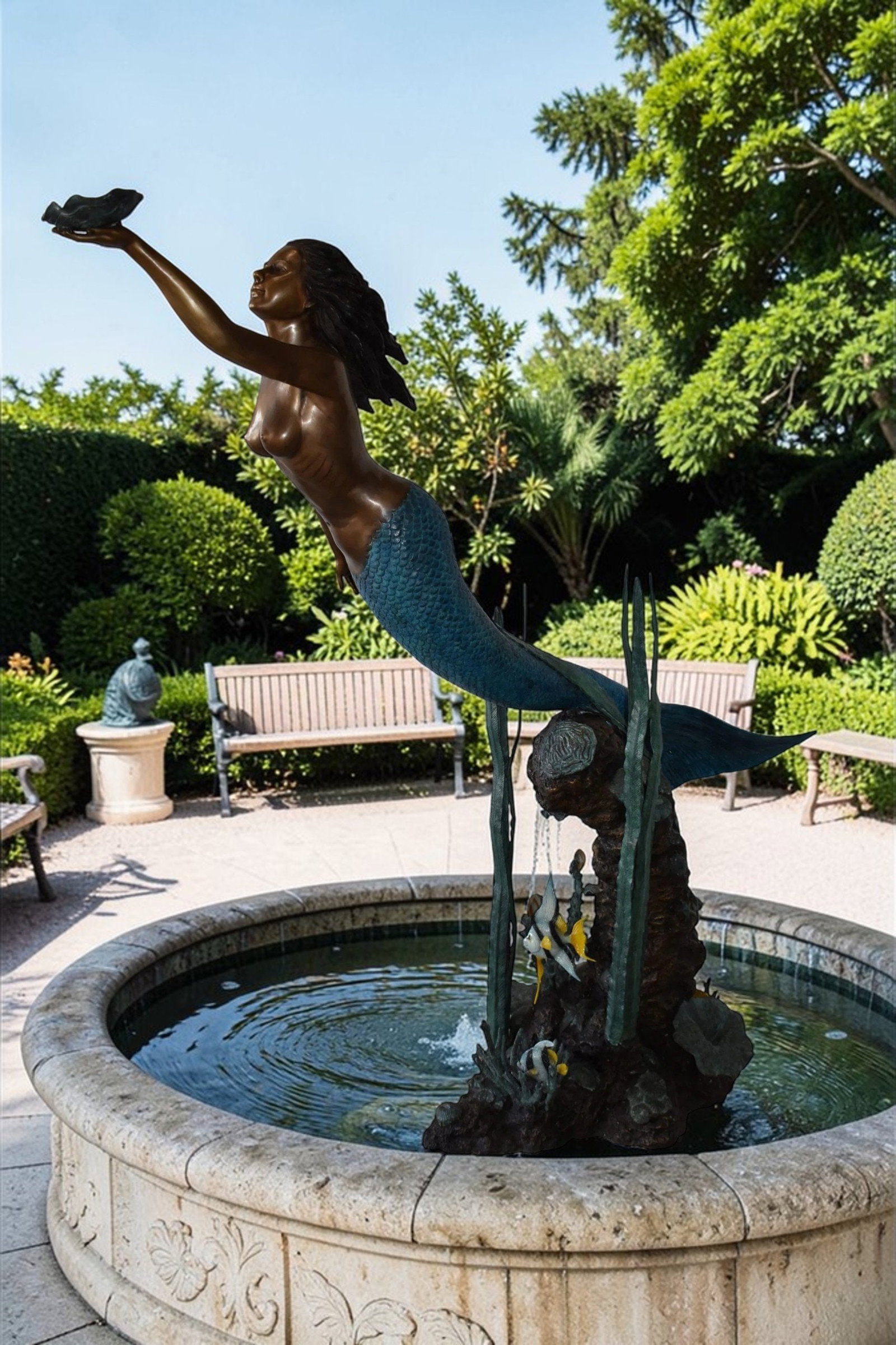 Mermaid With a Shell Bronze Fountain Statue Size: 24" x 60" x 70"H - 2