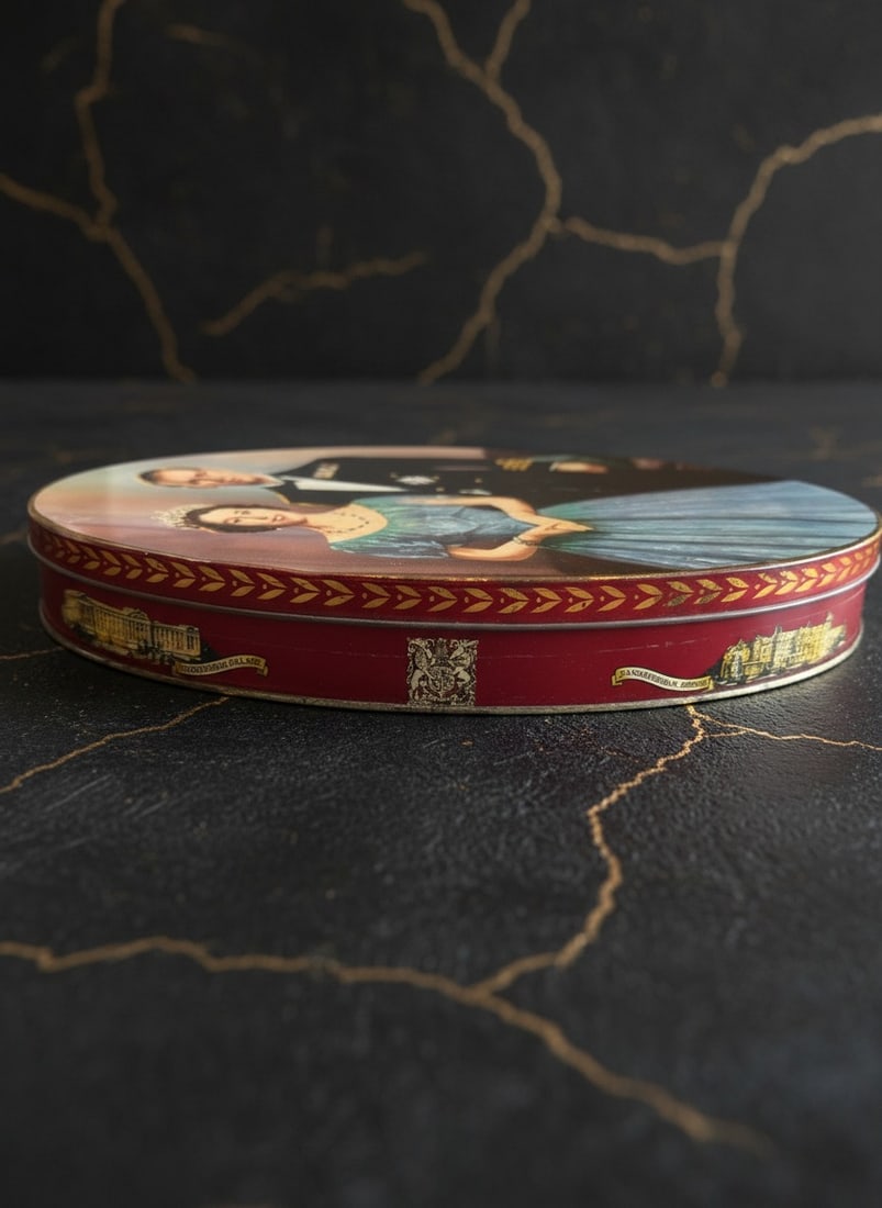 1953 Royal Coronation Biscuit Tin, Queen Elizabeth and Prince Philip Decor - 2