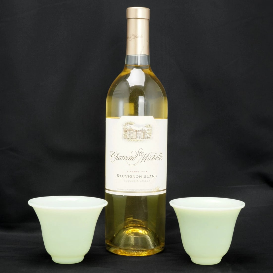 Pair Chinese Peking Glass Wine Cups Jade Color Circa 1920 - 2