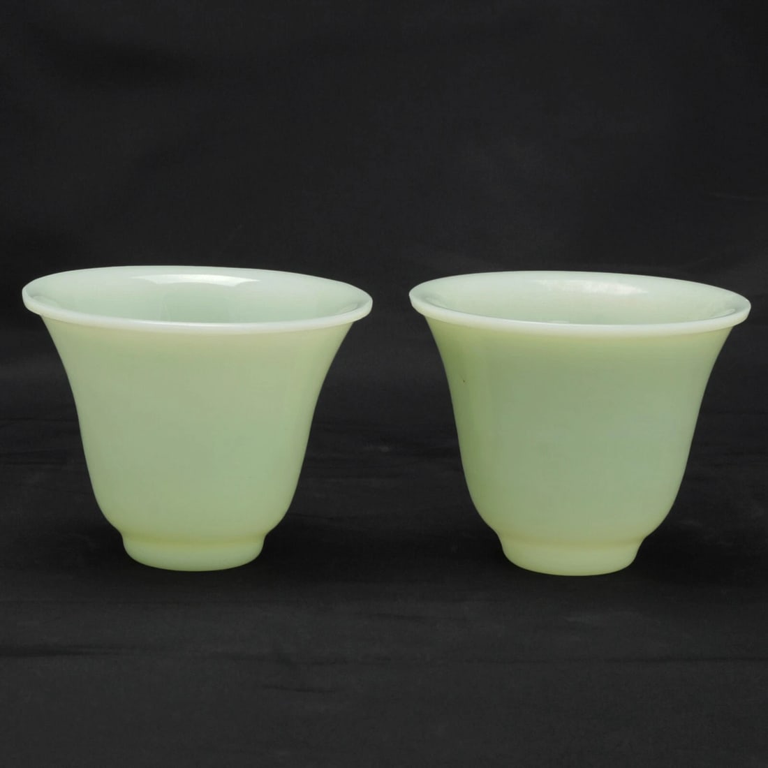 Pair Chinese Peking Glass Wine Cups Jade Color Circa 1920 - 3