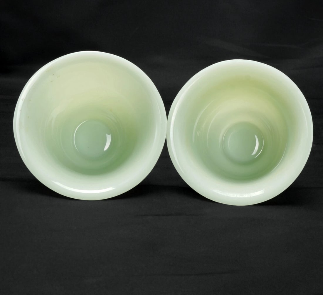 Pair Chinese Peking Glass Wine Cups Jade Color Circa 1920 - 5