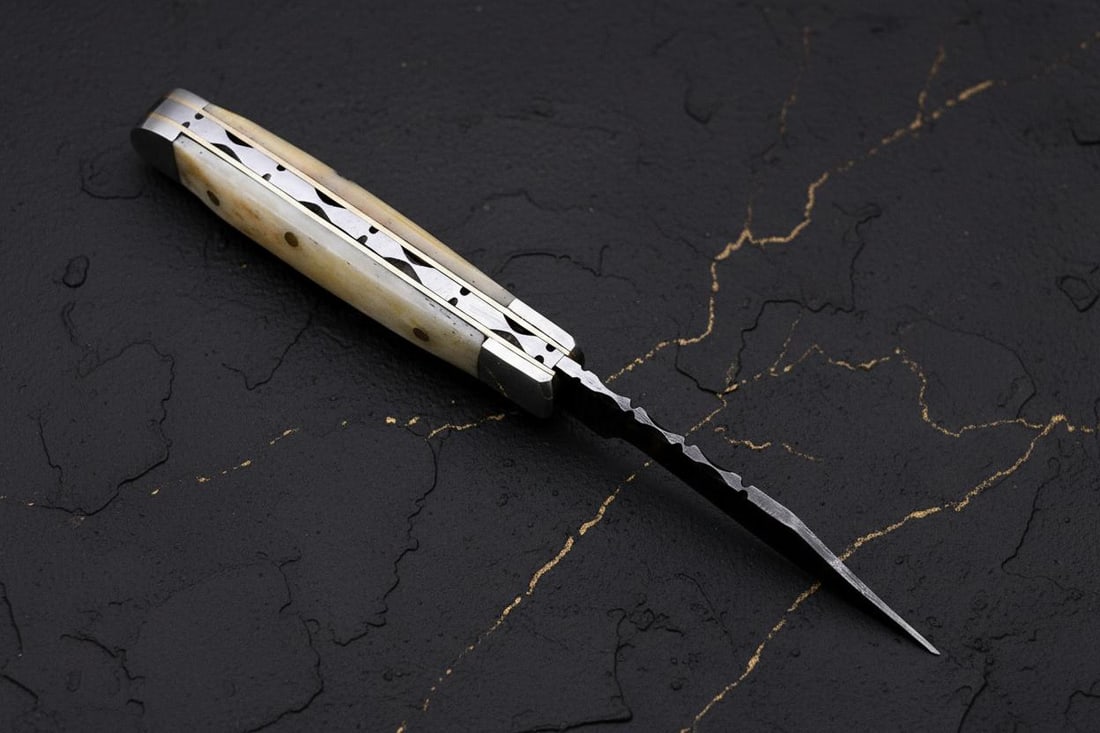 Camel Bone Handle Mini Trapper Pocket Knife, Hand Forged Twisted Damascus Steel - 3