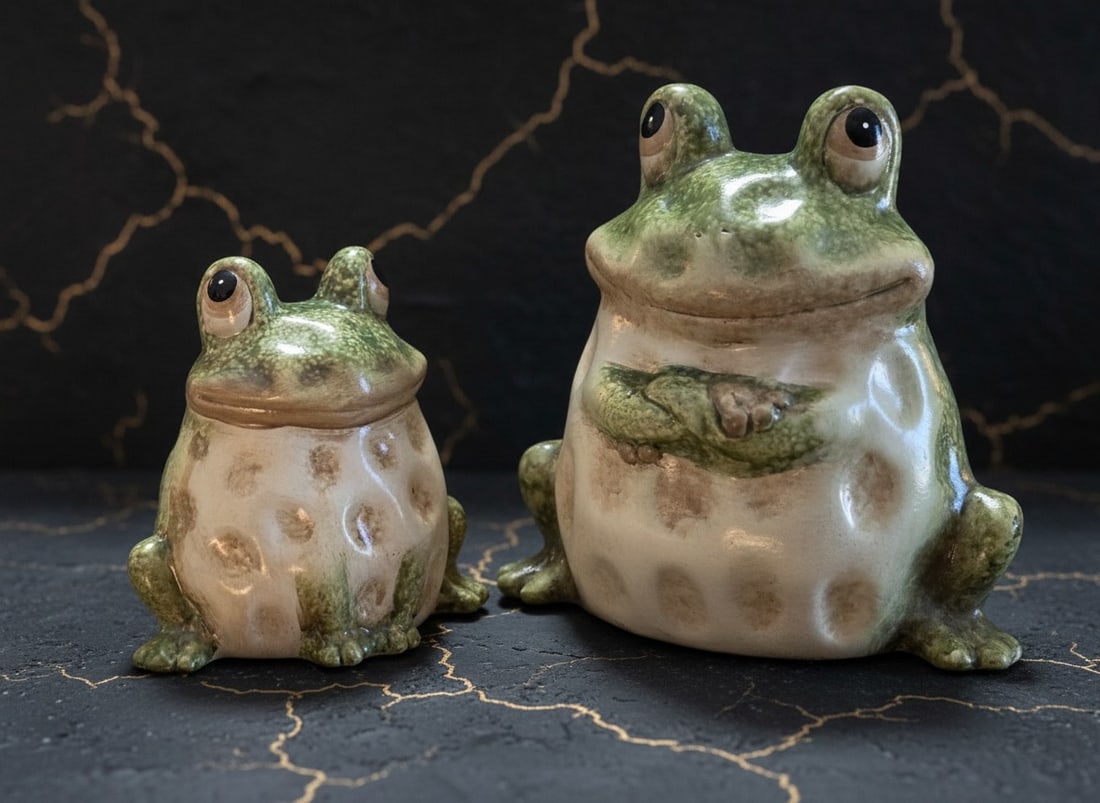 Pair of Whimsical Hand-Painted Ceramic Frog Figurines Garden Decor Set - 2