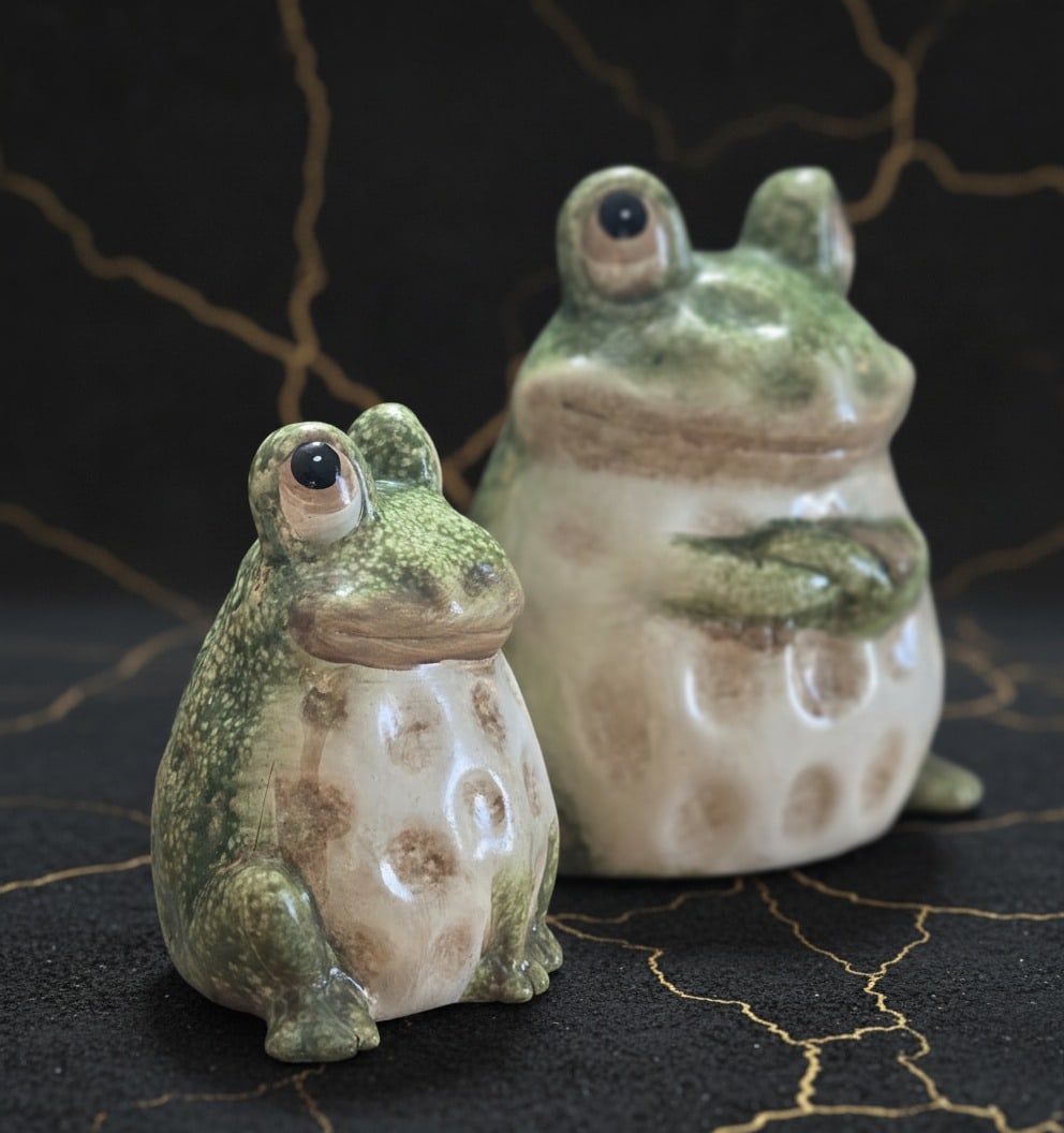 Pair of Whimsical Hand-Painted Ceramic Frog Figurines Garden Decor Set - 3