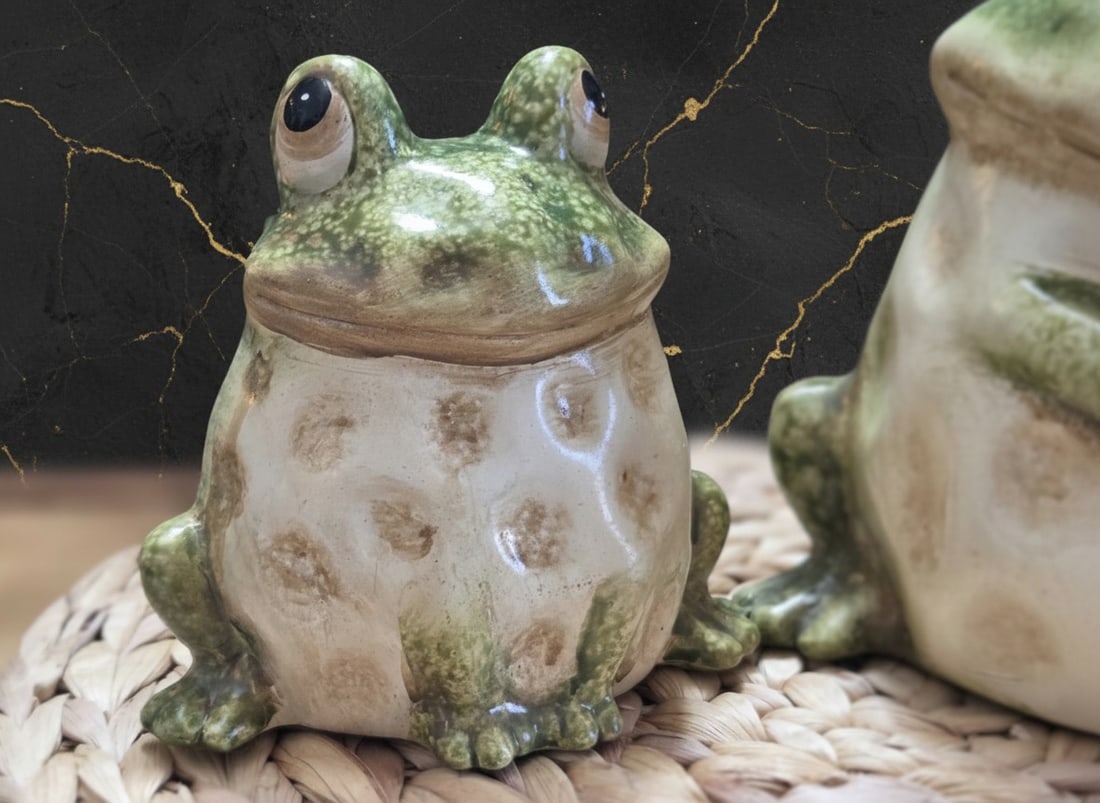 Pair of Whimsical Hand-Painted Ceramic Frog Figurines Garden Decor Set - 6