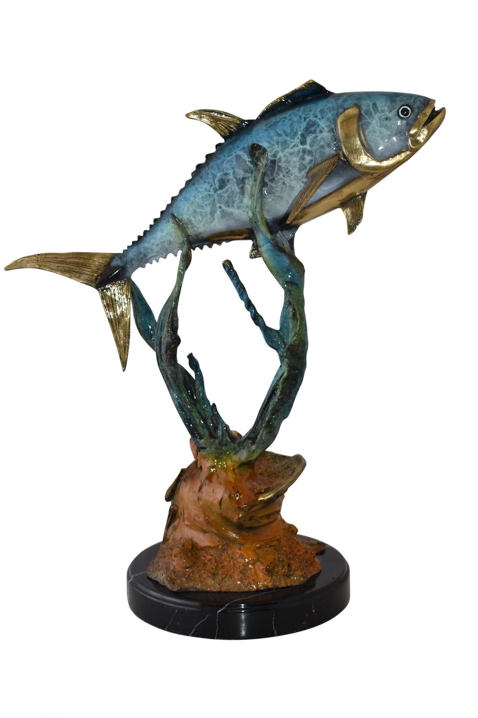 Tuna Fish Swimming in The Ocean Bronze Statue Size: 11" x 21" x 25"H: Title:Tuna Fish Swimming in The Ocean Bronze Statue Size: 11" x 21" x 25"H Description:This tabletop bronze statue represents a beautiful scene of a Tuna fish swimming in the ocean. The tuna is a