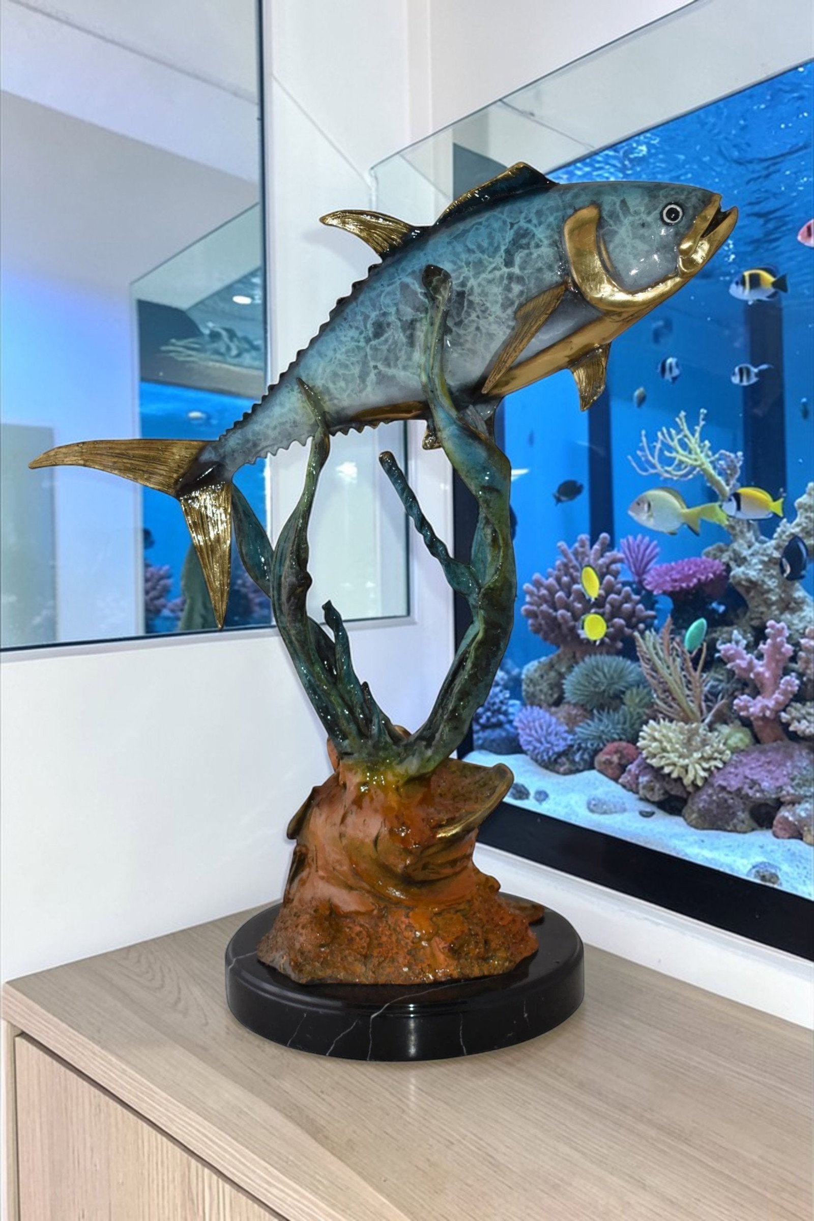 Tuna Fish Swimming in The Ocean Bronze Statue Size: 11" x 21" x 25"H - 2