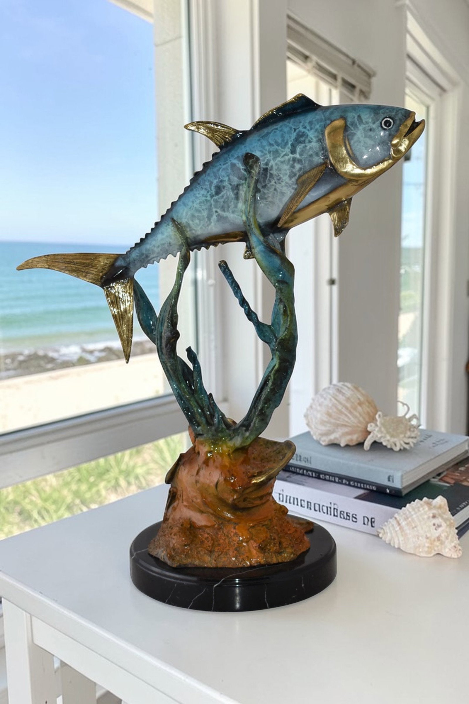 Tuna Fish Swimming in The Ocean Bronze Statue Size: 11" x 21" x 25"H - 3