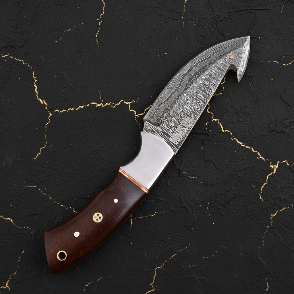Damascus Steel Gut Hook Skinning Knife Fixed Blade Hunting Tool - 4