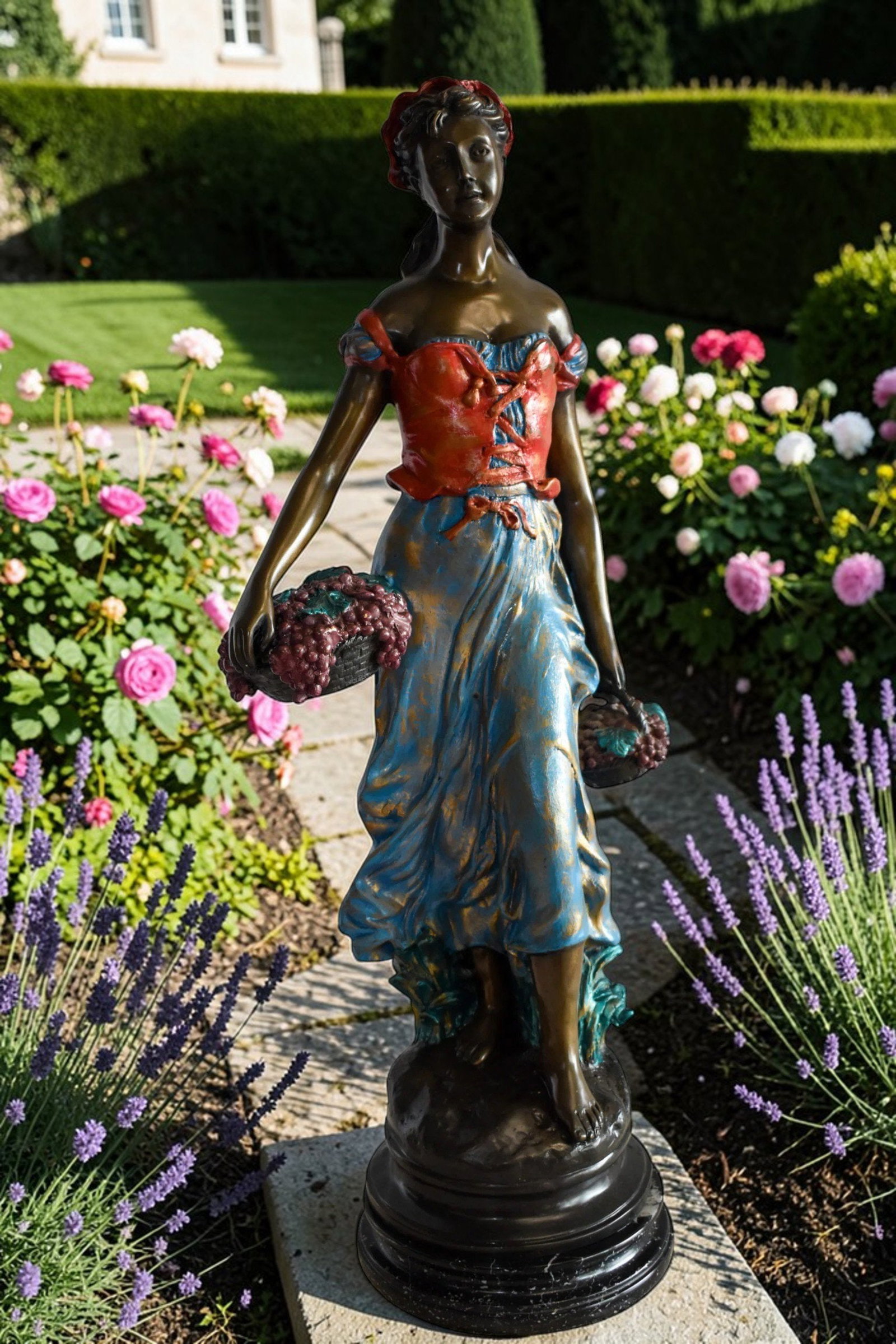 Tranquil Woman Strolling With Fruit Baskets Bronze Statue 13" x 10" x 30"H - 2
