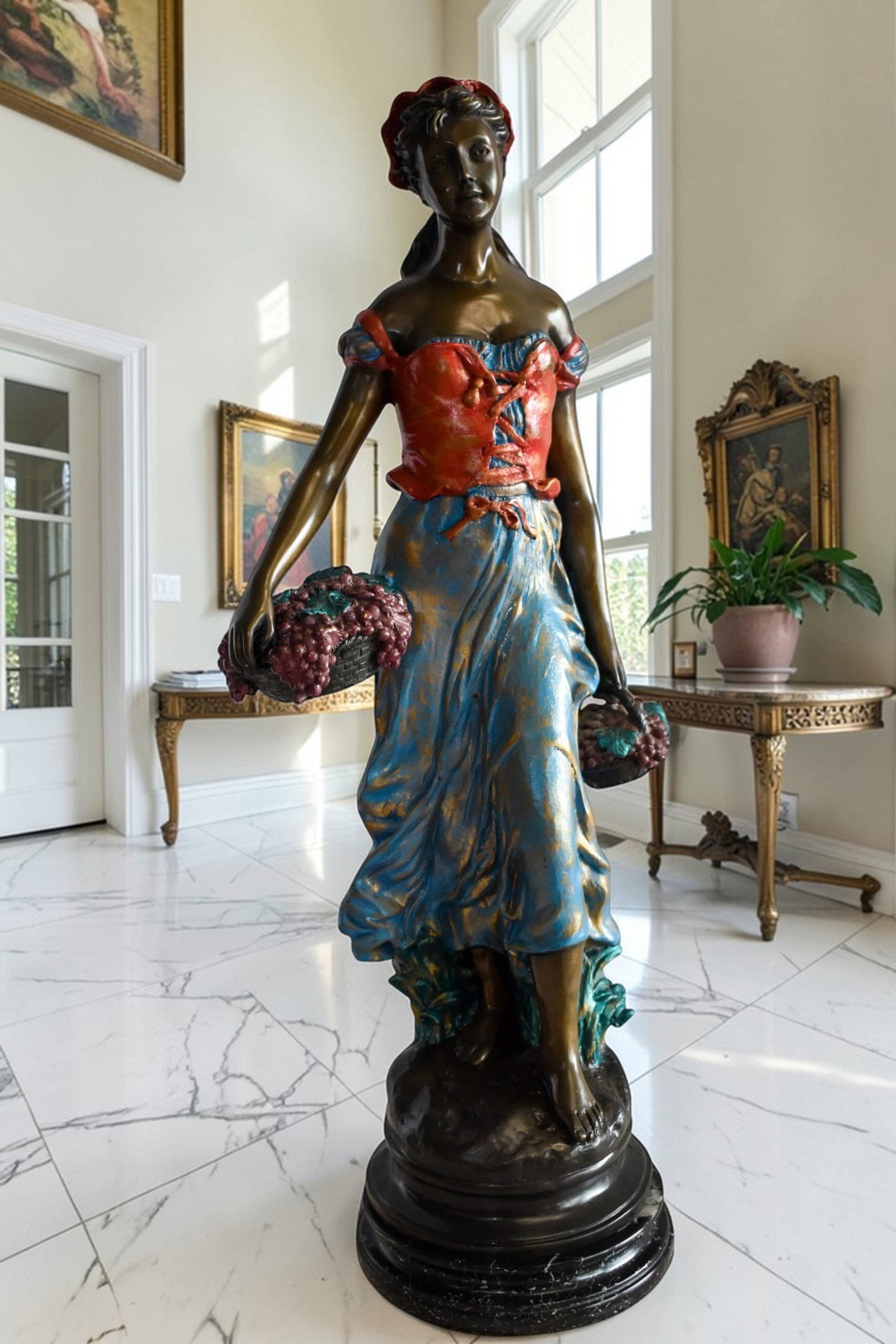 Tranquil Woman Strolling With Fruit Baskets Bronze Statue 13" x 10" x 30"H - 3