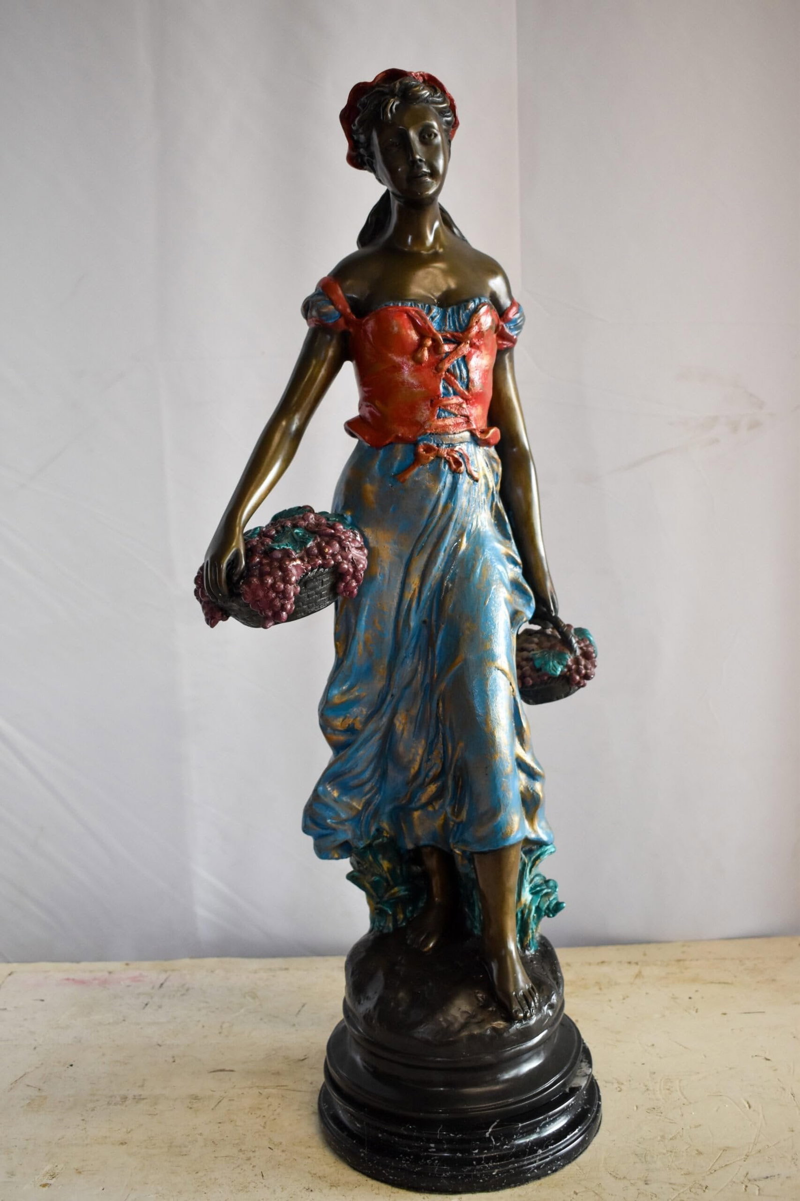 Tranquil Woman Strolling With Fruit Baskets Bronze Statue 13" x 10" x 30"H - 4