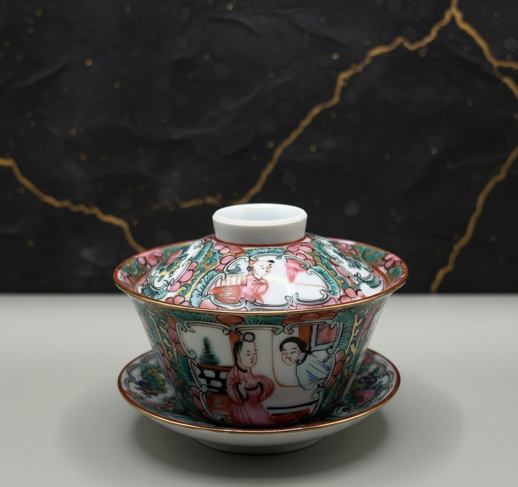 Antique Chinese Famille Rose Porcelain Gaiwan Hand-Painted Tea Bowl Set - 2