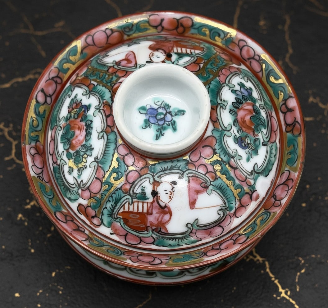 Antique Chinese Famille Rose Porcelain Gaiwan Hand-Painted Tea Bowl Set - 3