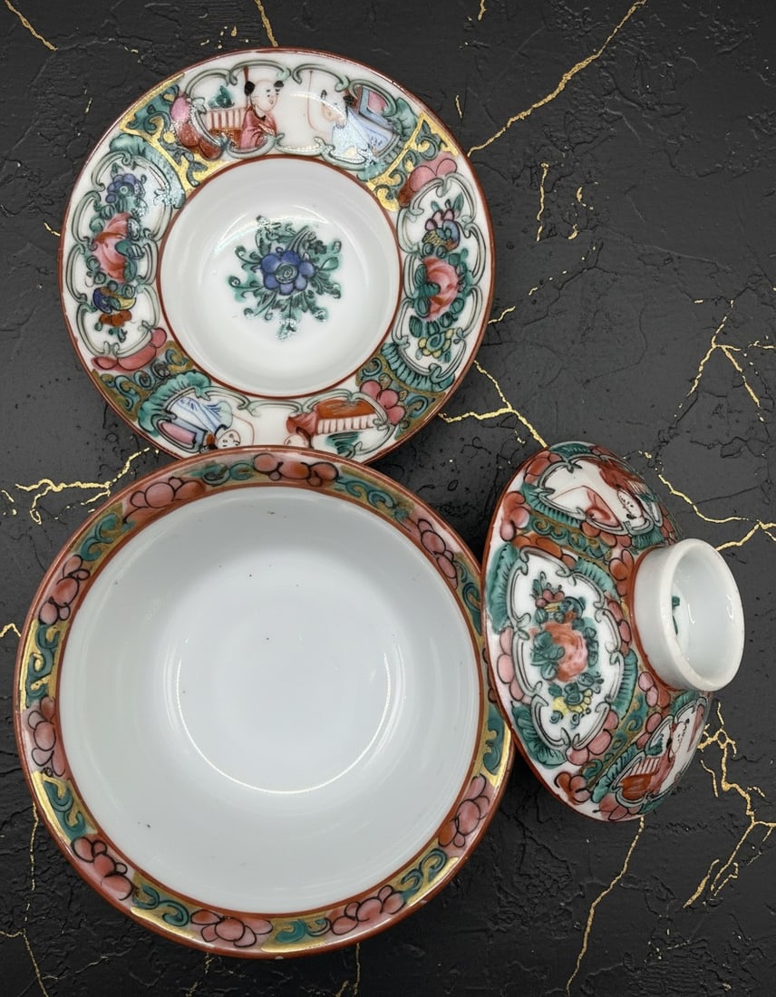 Antique Chinese Famille Rose Porcelain Gaiwan Hand-Painted Tea Bowl Set - 4