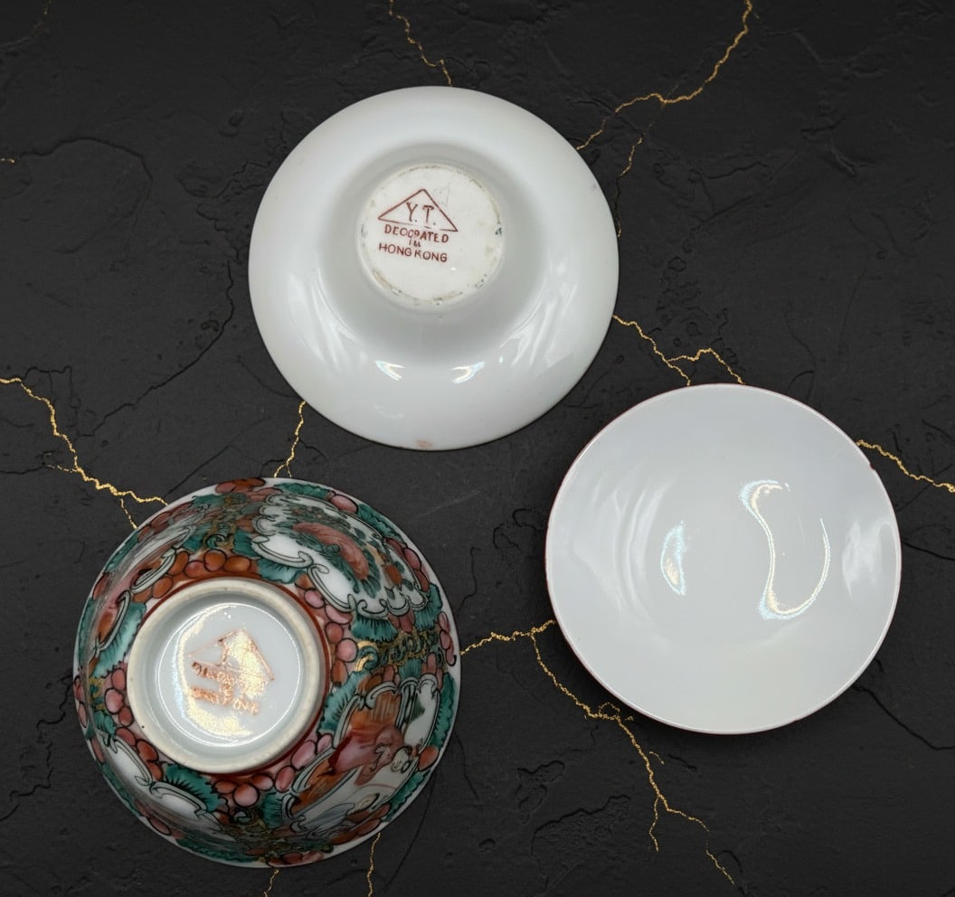 Antique Chinese Famille Rose Porcelain Gaiwan Hand-Painted Tea Bowl Set - 5