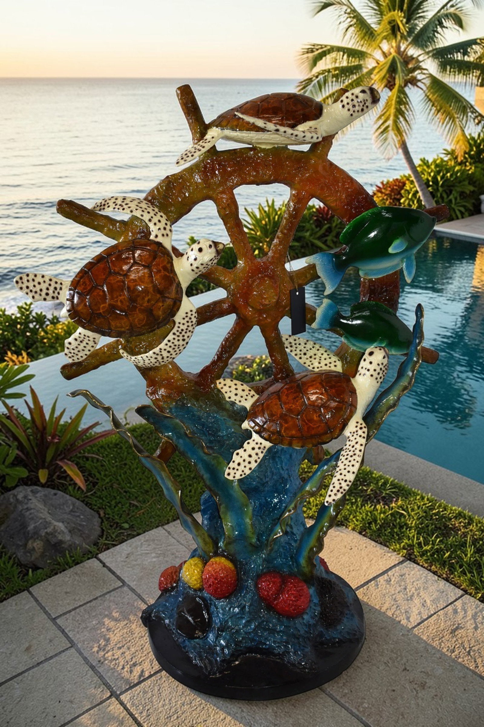 Sunken Nautical Wheel with Sea Creatures Bronze Statue Size: 39" x 23" x 51"H - 2