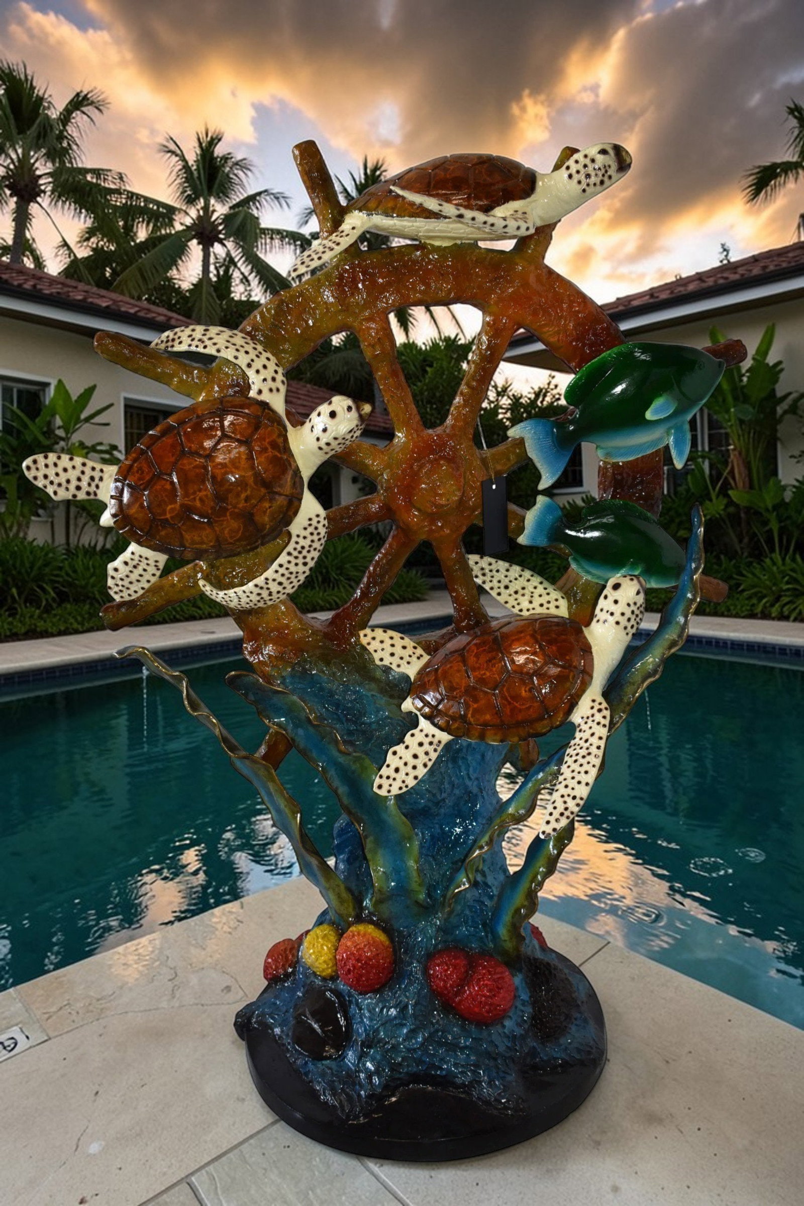 Sunken Nautical Wheel with Sea Creatures Bronze Statue Size: 39" x 23" x 51"H - 3
