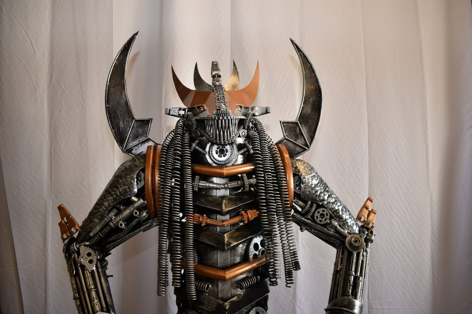 Colorfull impresive Statue of a warrier made of metal scraps 48" x 20" x 82"H - 2