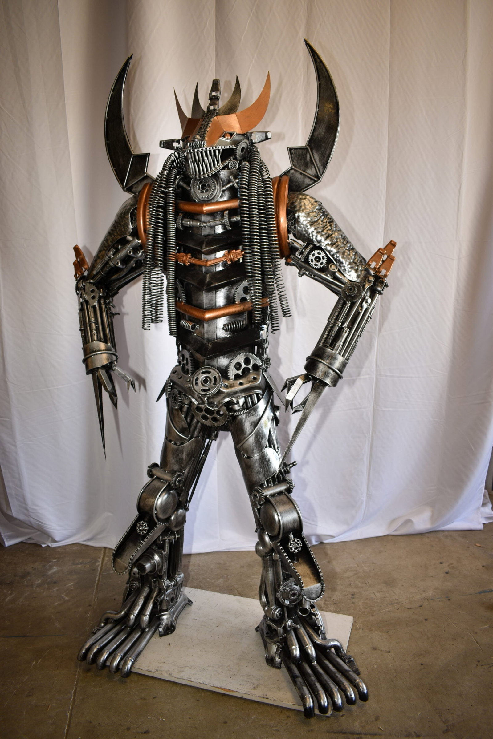 Colorfull impresive Statue of a warrier made of metal scraps 48" x 20" x 82"H - 3