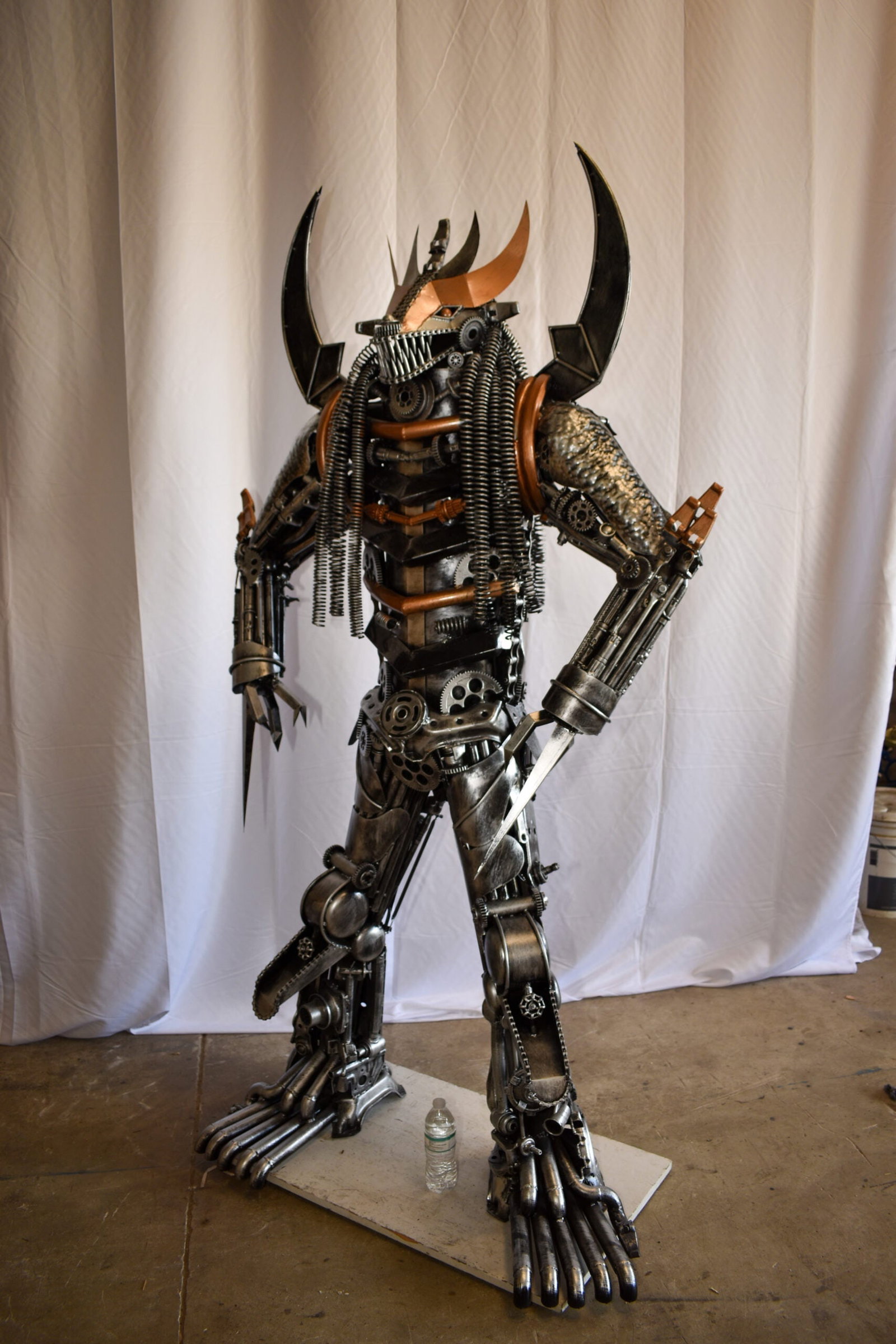 Colorfull impresive Statue of a warrier made of metal scraps 48" x 20" x 82"H - 4