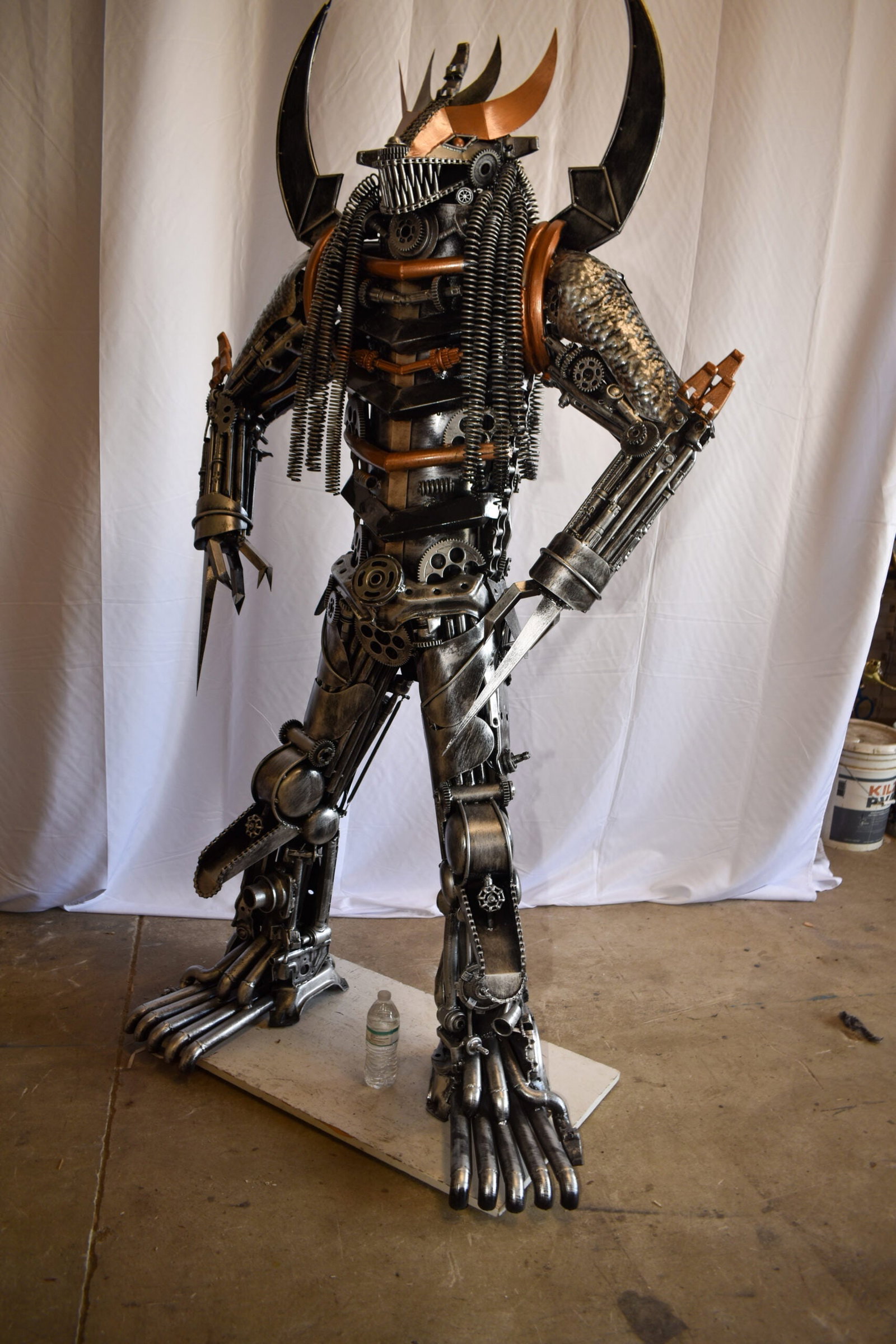 Colorfull impresive Statue of a warrier made of metal scraps 48" x 20" x 82"H - 5