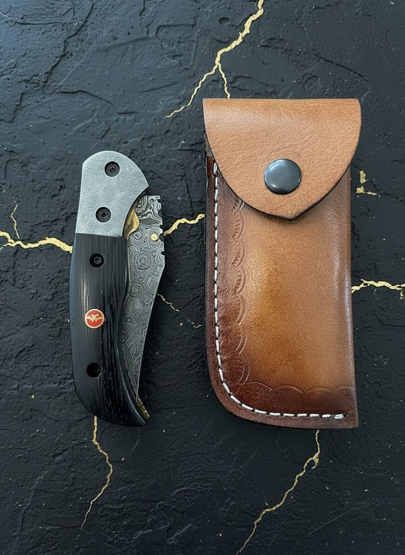 Handmade Damascus Steel Folding Knife, Micarta Handle, Premium Sheath Case: Title:Handmade Damascus Steel Folding Knife, Micarta Handle, Premium Sheath Case Description:This handcrafted knife features a durable construction and is supplied with a high-quality cowhide leather